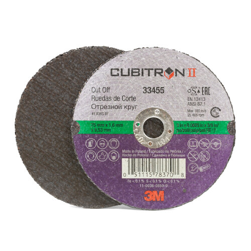 3M Cubitron 2 II Cut-off Wheel 33455 75mm x 1.6mm x 9.53mm - 10 Each