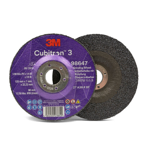 3M 125mm / 5" x 7mm 36 Grit Cubitron 3 Depressed Center Grinding Disc - 100 Each 98647